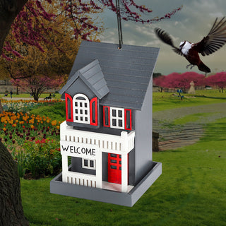 Vogelhaus zum Aufhängen 'Welcome' 12x19cm blau/grau rot MDF Häuschen Nistkasten Vogelkasten Veranda Balkon Futterstation