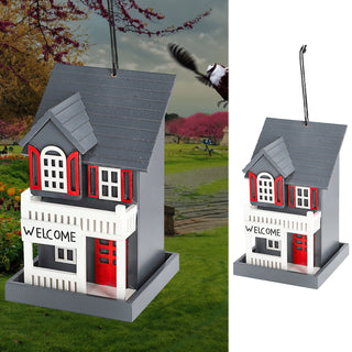 Vogelhaus zum Aufhängen 'Welcome' 12x19cm blau/grau rot MDF Häuschen Nistkasten Vogelkasten Veranda Balkon Futterstation