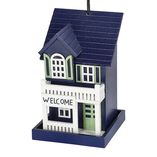 Vogelhaus zum Aufhängen 'Welcome' 12x19cm blau/grau rot MDF Häuschen Nistkasten Vogelkasten Veranda Balkon Futterstation