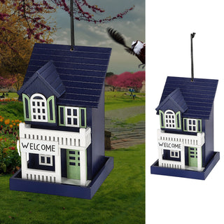 Vogelhaus zum Aufhängen 'Welcome' 12x19cm blau/grau rot MDF Häuschen Nistkasten Vogelkasten Veranda Balkon Futterstation