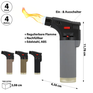 Jet Feuerzeug 4er Set Brenner Soft Touch 4 Farben 6,5x12x3cm ABS nachfüllbar regulierbare Flamme Sturmfeuerzueg