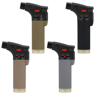 Jet Feuerzeug 4er Set Brenner Soft Touch 4 Farben 6,5x12x3cm ABS nachfüllbar regulierbare Flamme Sturmfeuerzueg