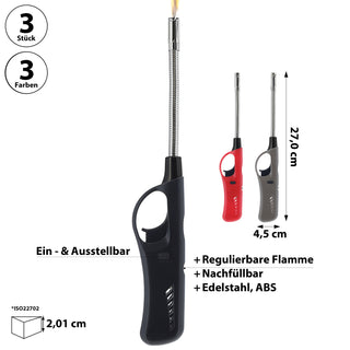 Stabfeuerzeug 3er Set flexibel 3 Farben ABS Eisen 4,5x27x2cm Feuerzeug nachfüllbar regulierbare Flamme Sturmfeuerzeug biegbar