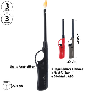 Stabfeuerzeug 3er Set 3 Farben ABS Eisen 4,5x27x2cm Feuerzeug nachfüllbar regulierbare Flamme Sturmfeuerzeug Feueranzünder