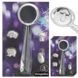 Zinngieß-Set 5tlg. Gieß-Löffel 4 Hohlfiguren 13,5x21cm Zinn silberfarben Silvesterbrauch Deutungstabelle Zinngießen