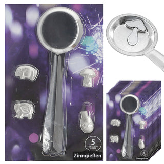 Zinngieß-Set 5tlg. Gieß-Löffel 4 Hohlfiguren 13,5x21cm Zinn silberfarben Silvesterbrauch Deutungstabelle Zinngießen