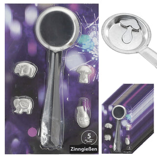 Zinngieß-Set 5tlg. Gieß-Löffel 4 Hohlfiguren 13,5x21cm Zinn silberfarben Silvesterbrauch Deutungstabelle Zinngießen