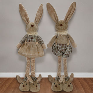 Osterhasenpaar Mann Frau mit Teleskopbeinen max. H60cm Polyester Metallbeine Brauntöne Hasenschuhe Osterdekoration