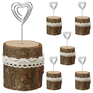 6er Set Foto-/Kartenhalter Holz Metall Polyester 5x12cm Tischschildständer Bildhalterclip Baumstamm-Optik rustikal