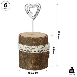 6er Set Foto-/Kartenhalter Holz Metall Polyester 5x12cm Tischschildständer Bildhalterclip Baumstamm-Optik rustikal