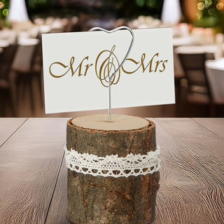 6er Set Foto-/Kartenhalter Holz Metall Polyester 5x12cm Tischschildständer Bildhalterclip Baumstamm-Optik rustikal