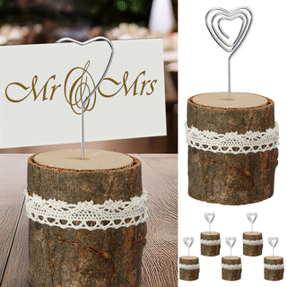 6er Set Foto-/Kartenhalter Holz Metall Polyester 5x12cm Tischschildständer Bildhalterclip Baumstamm-Optik rustikal