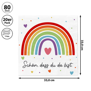 Servietten 'Regenbogen' 80er Set 33x33cm 3-lagig Papierserviette stoffähnlich Tuch Herzenssprüche Tischdeko