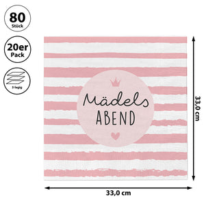 Servietten 'Mädelsabend' 80er Set 33x33cm 3-lagig Papierserviette rosa weiß stoffähnlich Tuch Tischdeko