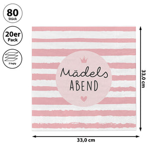 Servietten 'Mädelsabend' 80er Set 33x33cm 3-lagig Papierserviette rosa weiß stoffähnlich Tuch Tischdeko