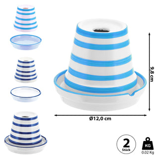 Sturmaschenbecher 2er Set weiß dunkelblau hellblau gestreift Ø12cm Dolomit Aschenbecher Windaschenbecher Topf