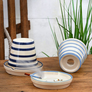 Sturmaschenbecher 2er Set weiß dunkelblau hellblau gestreift Ø12cm Dolomit Aschenbecher Windaschenbecher Topf