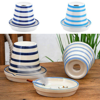 Sturmaschenbecher 2er Set weiß dunkelblau hellblau gestreift Ø12cm Dolomit Aschenbecher Windaschenbecher Topf