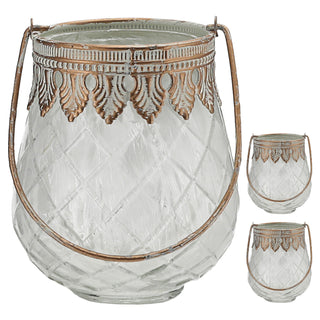 Windlicht 3er Set bauchig orientalische Ornamente gefrostet Glas Eisen Ø9xH12cm Henkel Gefäß für Teelichter oder Kerzen