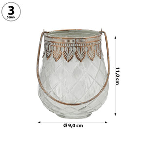 Windlicht 3er Set bauchig orientalische Ornamente gefrostet Glas Eisen Ø9xH12cm Henkel Gefäß für Teelichter oder Kerzen