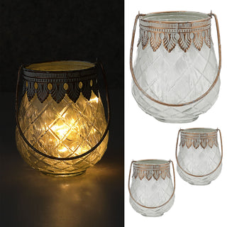 Windlicht 3er Set bauchig orientalische Ornamente gefrostet Glas Eisen Ø9xH12cm Henkel Gefäß für Teelichter oder Kerzen