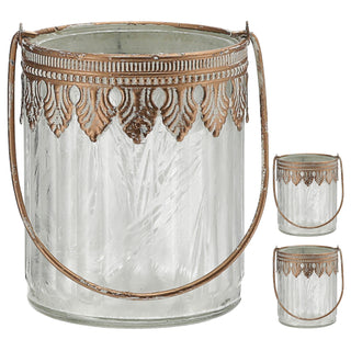 Windlicht 3er Set gerade orientalische Ornamente gefrostet Glas Eisen Ø9xH11cm Henkel Gefäß für Teelichter oder Kerzen