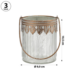 Windlicht 3er Set gerade orientalische Ornamente gefrostet Glas Eisen Ø9xH11cm Henkel Gefäß für Teelichter oder Kerzen