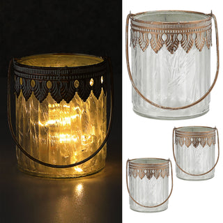 Windlicht 3er Set gerade orientalische Ornamente gefrostet Glas Eisen Ø9xH11cm Henkel Gefäß für Teelichter oder Kerzen