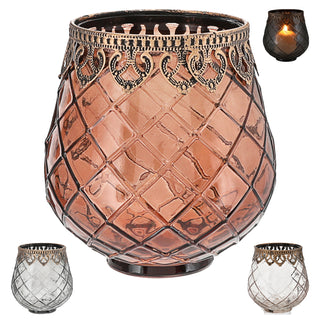Windlicht 3er Set Glas Metall Ø13x14cm grau braun rosé Teelichthalter Kerzenhalter Kerzenständer Rautenmuster