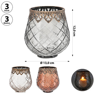 Windlicht 3er Set Glas Metall Ø13x14cm grau braun rosé Teelichthalter Kerzenhalter Kerzenständer Rautenmuster