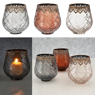 Windlicht 3er Set Glas Metall Ø13x14cm grau braun rosé Teelichthalter Kerzenhalter Kerzenständer Rautenmuster