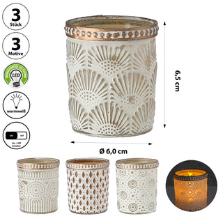 Windlicht 4er Set Oriental Glas Ø6x7cm weiß gold Teelichthalter Kerzenhalter Kerzenständer 4 verschiedene Muster