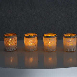 Windlicht 4er Set Oriental Glas Ø6x7cm weiß gold Teelichthalter Kerzenhalter Kerzenständer 4 verschiedene Muster