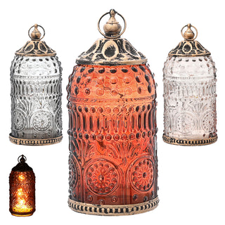 LED Leuchte 3er Set orientalische Ornamente Glas Metall Ø7,5cm H15cm grau braun rosé Windlicht 5 LEDs batteriebetrieben
