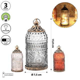 LED Leuchte 3er Set orientalische Ornamente Glas Metall Ø7,5cm H15cm grau braun rosé Windlicht 5 LEDs batteriebetrieben