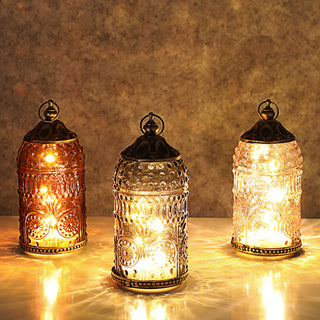 LED Leuchte 3er Set orientalische Ornamente Glas Metall Ø7,5cm H15cm grau braun rosé Windlicht 5 LEDs batteriebetrieben