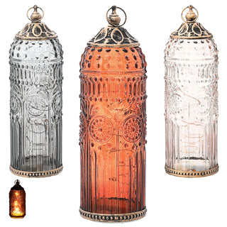 LED Leuchte 3er Set orientalische Ornamente Glas Metall Ø7cm H23cm grau braun rosé Windlicht 10 LEDs batteriebetrieben