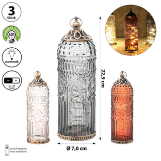 LED Leuchte 3er Set orientalische Ornamente Glas Metall Ø7cm H23cm grau braun rosé Windlicht 10 LEDs batteriebetrieben