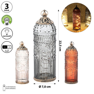 LED Leuchte 3er Set orientalische Ornamente Glas Metall Ø7cm H23cm grau braun rosé Windlicht 10 LEDs batteriebetrieben