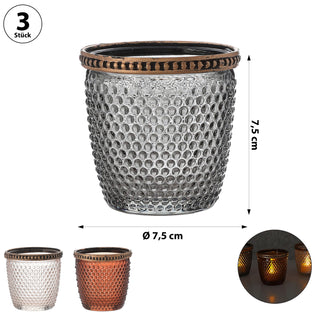 Windlicht 3er Set Glas Metall Ø7,5cm grau braun rosé Teelichthalter Kerzenhalter Kerzenständer Strukturglas