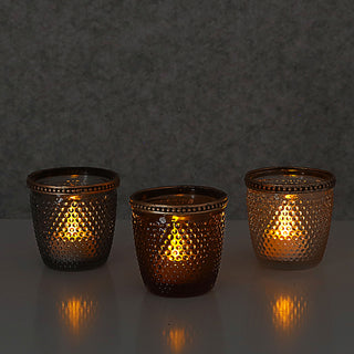 Windlicht 3er Set Glas Metall Ø7,5cm grau braun rosé Teelichthalter Kerzenhalter Kerzenständer Strukturglas