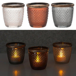 Windlicht 3er Set Glas Metall Ø7,5cm grau braun rosé Teelichthalter Kerzenhalter Kerzenständer Strukturglas