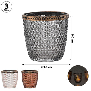 Windlicht 3er Set Glas Metall Ø9cm grau braun rosé Teelichthalter Kerzenhalter Kerzenständer Strukturglas