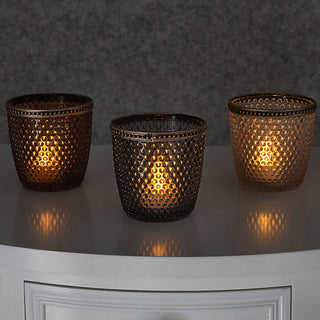 Windlicht 3er Set Glas Metall Ø9cm grau braun rosé Teelichthalter Kerzenhalter Kerzenständer Strukturglas