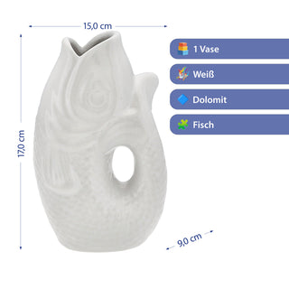 Vase Fisch 'Blubb' 15x17x9cm Dolomit weiß Blumenvase Dekovase Tischvase Fischform Fischmaul Henkel