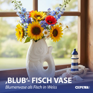 Vase Fisch 'Blubb' 15x17x9cm Dolomit weiß Blumenvase Dekovase Tischvase Fischform Fischmaul Henkel