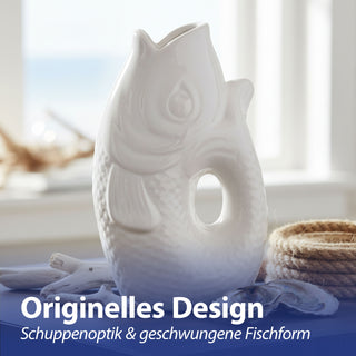 Vase Fisch 'Blubb' 15x17x9cm Dolomit weiß Blumenvase Dekovase Tischvase Fischform Fischmaul Henkel