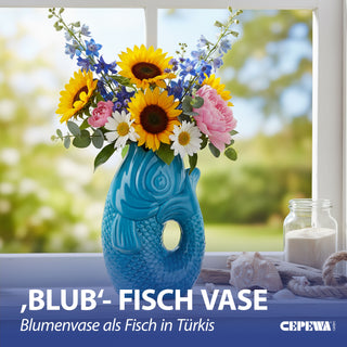 Vase Fisch 'Blubb' 15x17x9cm Dolomit weiß Blumenvase Dekovase Tischvase Fischform Fischmaul Henkel