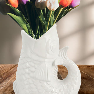 Vase Fisch 'Blubb' 15x17x9cm Dolomit weiß Blumenvase Dekovase Tischvase Fischform Fischmaul Henkel