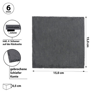 Schieferplatte 6er Set 15x15cm quadratisch mit Filzschonern Tischuntersetzer Steinplatte Servierplatte Untersetzer
